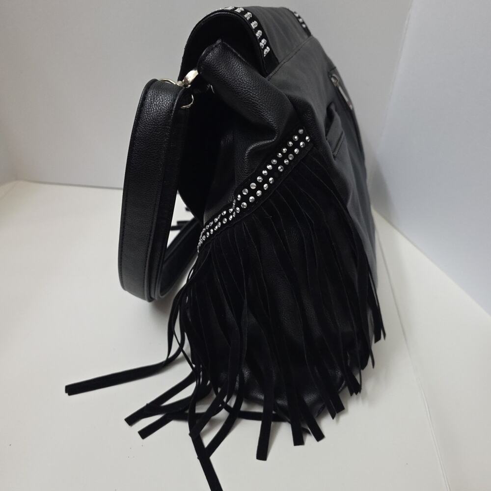 Black Boho Western Fringe Crossbody Purse Studded Faux Leather Shoulder Bag - Picture 4 of 12